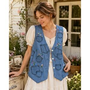 Casey & Max Denim Vest Women Small Blue Floral Embroidered Gingham